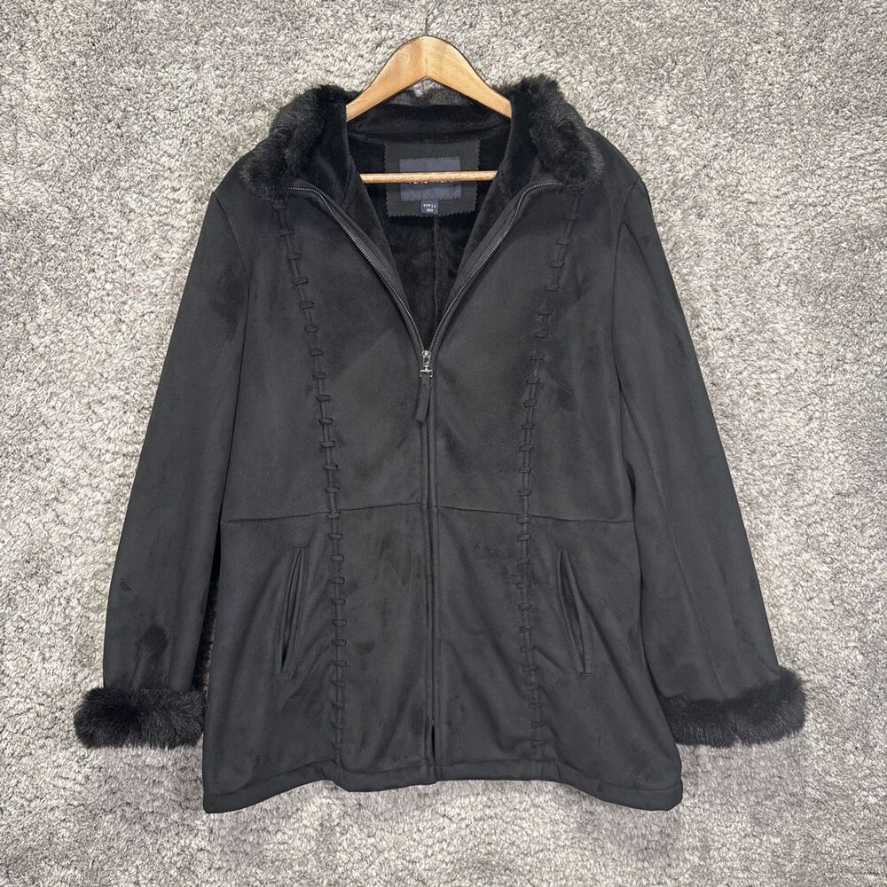 Nautica Faux Suede Jacket Black Large Faux Fur Trim Zip Up
